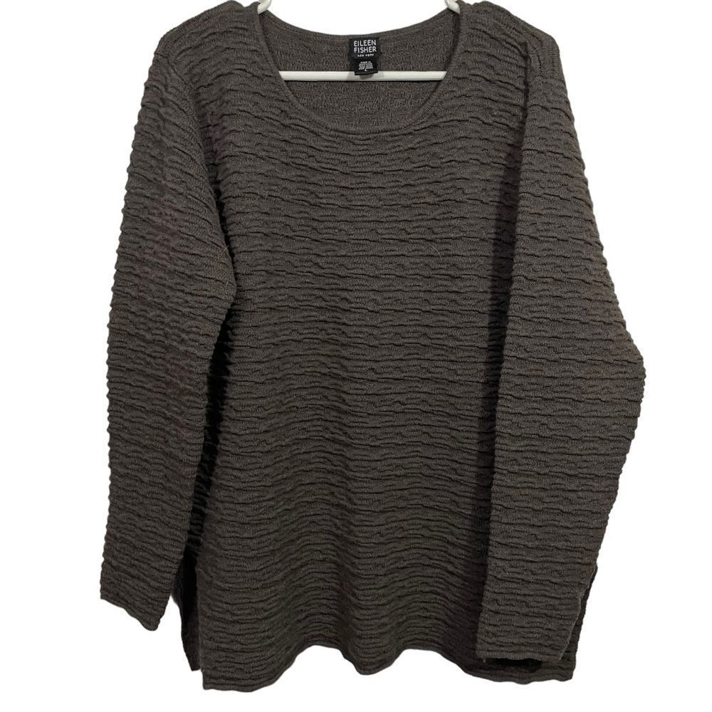 Eileen Fisher Taupe Textured Knit Wool Crewneck Sweater